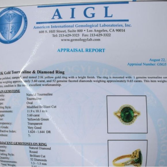 Green Tourmaline 5.60ct Diamonds 21k Gold Ring - Picture 5 of 9